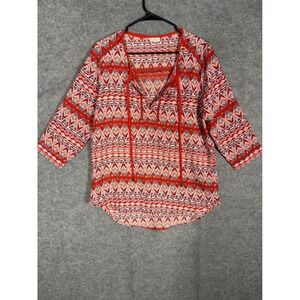 Antilia Femme Red Geometric Print Tassel Tie Neck 3/4 Sleeve Blouse Women's L
